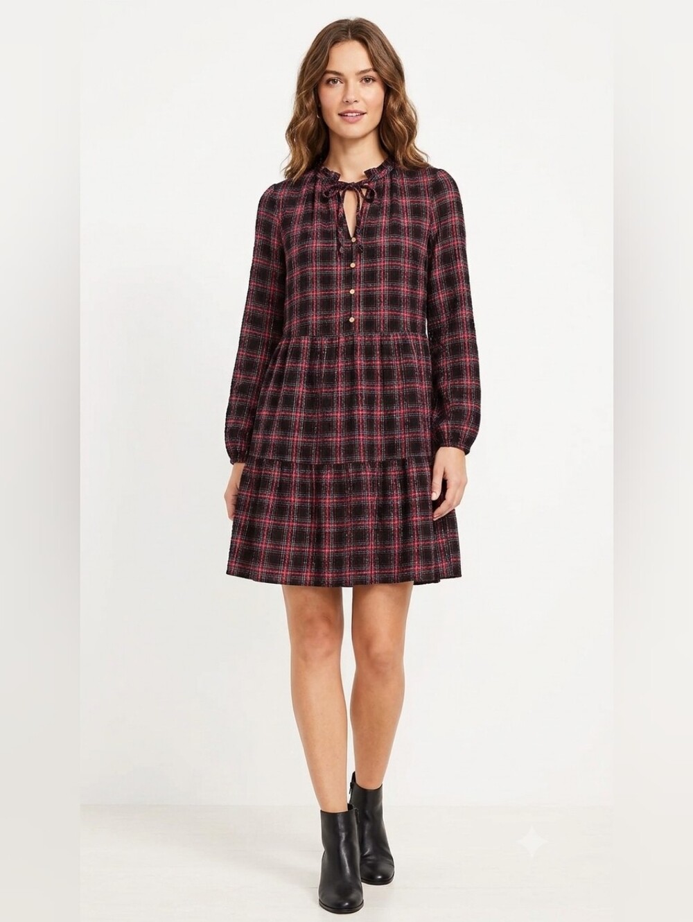Loft Tiered Plaid Long-Sleeve Mini Dress Size S
